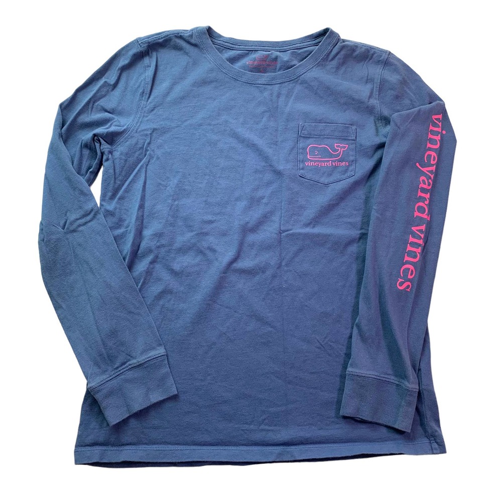 Vineyard Vines Blue Long Sleeve Tee with Pink Logo